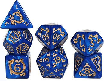 Inspire Curations Dragon Pattern 7 Piece Polyhedral DND Dice Set For Tabletop RPG Adventures blue