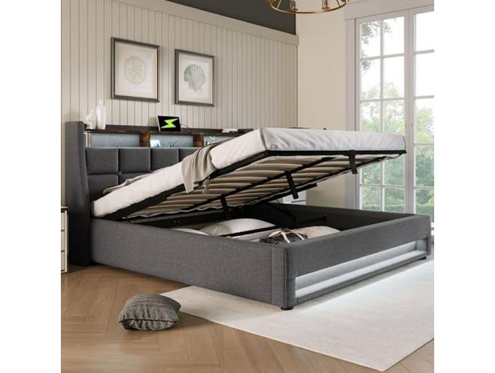 Merax Polsterbett 180x200cm, Doppelbett mit Bettkasten und Lattenrost, Stauraum Kopfteil mit LED & USB Ladefunktion, Hydraulisch Stauraumbett Funktionsbetten, Leinen, Jugendbett, ohne Matratze, Grau