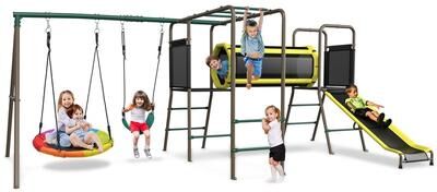 Klokick 660lbs 6-in-1 Swing Set with Slide,Crawl Tunnel and Monkey Bars for Backyard, Playground for Kids Aged 3-12