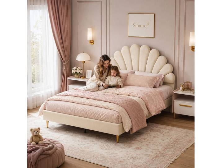 Simurq Polsterbett Kinderbett 140x200 für Mädchen,Bettgestell mit Lattenrost,Samtstoff (Versand in 2 Paketen, Mädchen Bett für kinder/Erwachsenen,Ohne Matratze), Prinzessin Bett, Beige Doppelbett mit Kopfteil in Blumenform