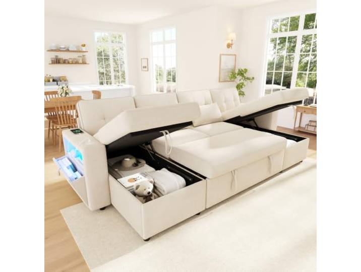 BTM U Form Schlafsofa mit 2 Chaiselongues, LED & Armlehnenfach Beige USB/Type‑C, Chenille