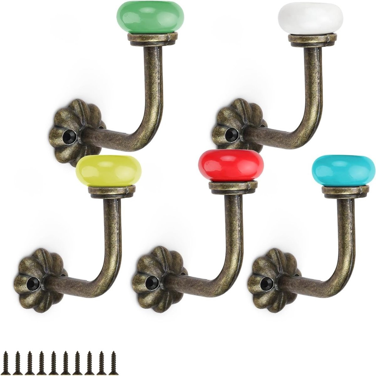 Vijf Kleurige Decoratieve Kledinghaken van Keramiek en Zink voor Kleding, Hoeden en Accessoires