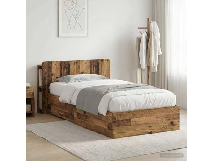 RJPLMFV Bettgestell mit Aufbewahrung, Holz, Antik-Optik, 90 x 190 cm Holzwerkstoff, Schubladen, Regale, Kopfteil, einfache Montage, einfache Reinigung