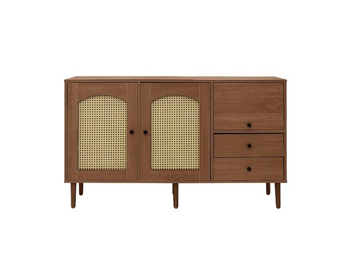 Buffet vintage effet bois avec portes en rotin 2 portes 2 tiroirs