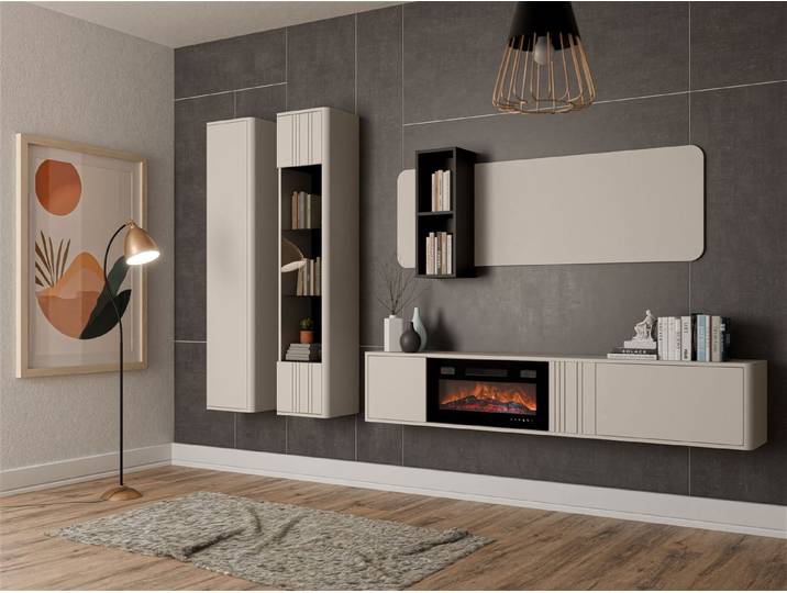 MIRJAN24 Wohnwand Philippe VIII, (4er-Set, TV-Lowboard mit Kamin, Hängevitrine, Glasvitrine, Wandpaneel), Griffloses Öffnungssystem push to open