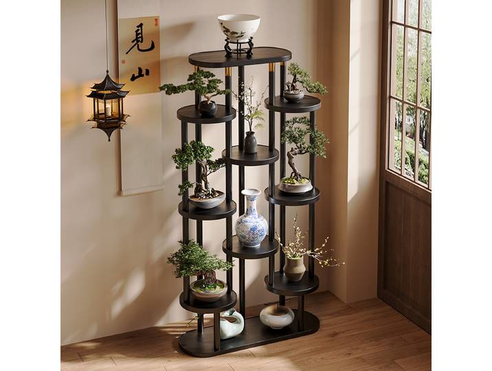 Support de fleurs multi-plateaux de style chinois, support du sol au plafond du salon, table de fleurs en bois massif de balcon, pot de fleur multicouche