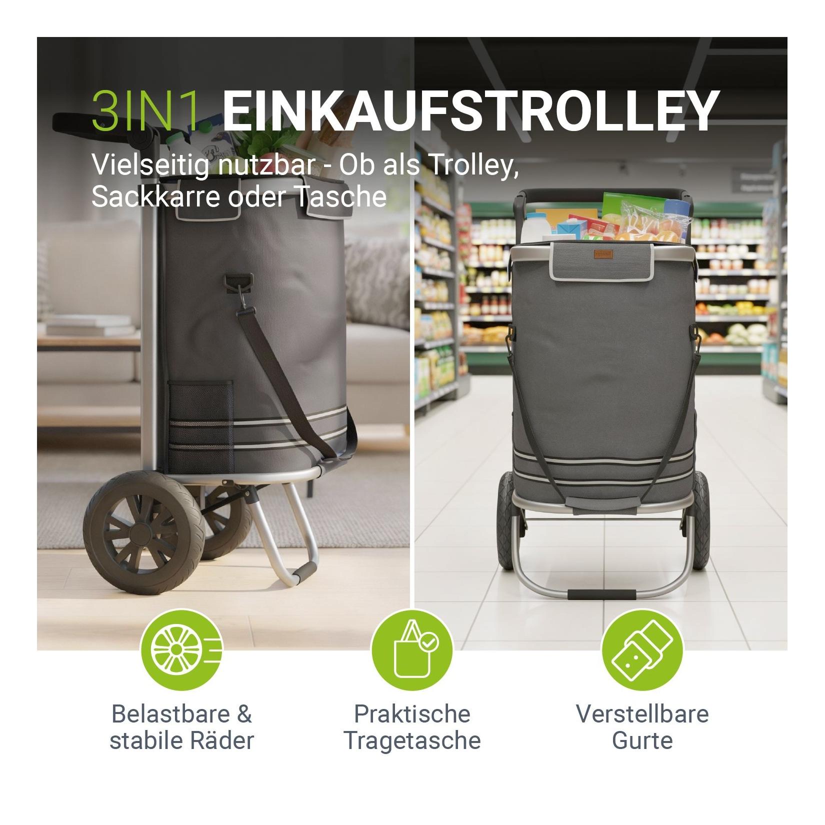 Juskys Einkaufstrolley 3in1 mit 2 Rollen für Shopping - 56 L Tasche - Trolley klappbar - Grau