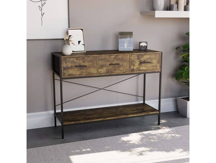 Table console Brooklyn avec 3 tiroir et étagère – Meuble de couloir d'appoint ou coiffeuse bois foncé