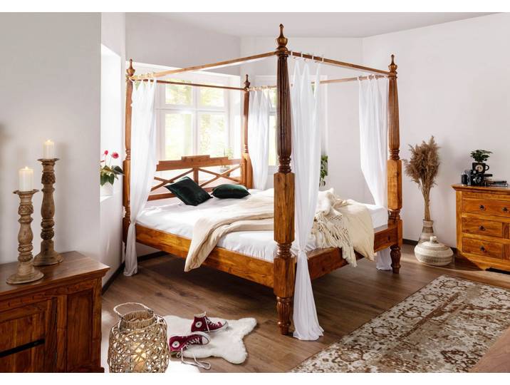 Lit à baldaquin 200x200 Acacia laqué Miel OXFORD #0247