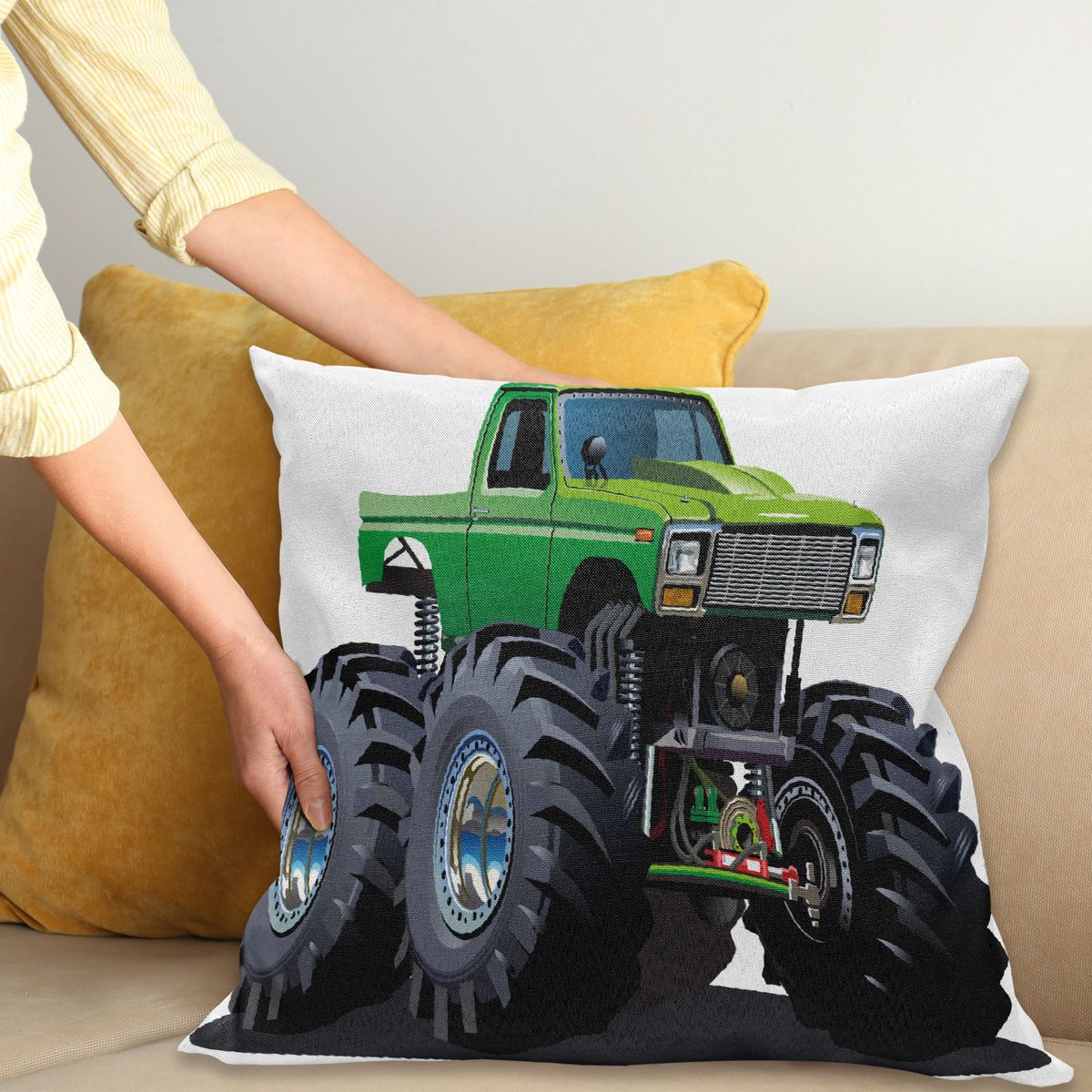 ABAKUHAUS Karikatuur Kussenhoes Monster Pickup Truck, Groen Grijs, 40 x 40 cm