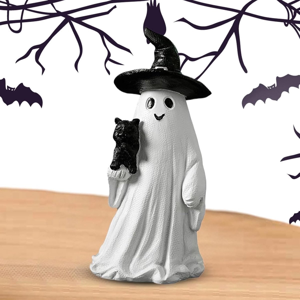 Kattengeest Spookfiguur Decoratie - Handbeschilderd Halloween Beeldje - Hoogte: 18 cm