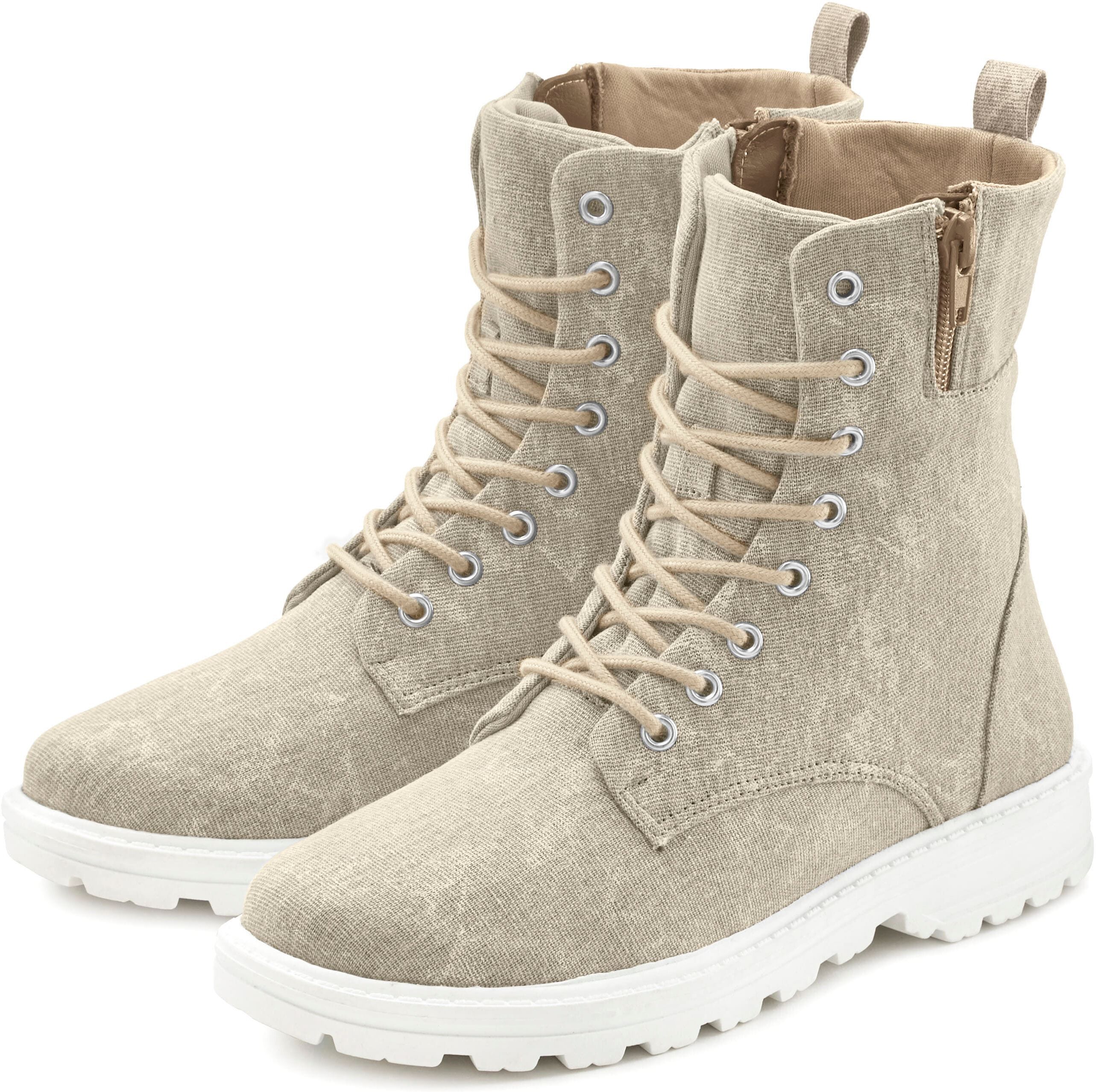 Stiefelette LASCANA, Damen, Gr. 44, Textil, beige, Obermaterial: 100% Textilmaterial. Decksohle: 100% Textilmaterial. Futter: 100% Textilmaterial. Laufsohle: 100% Synthetik, unifarben, Basic, Schuhe Stiefelette, zum Schnüren in modischer Combat Optik mit 