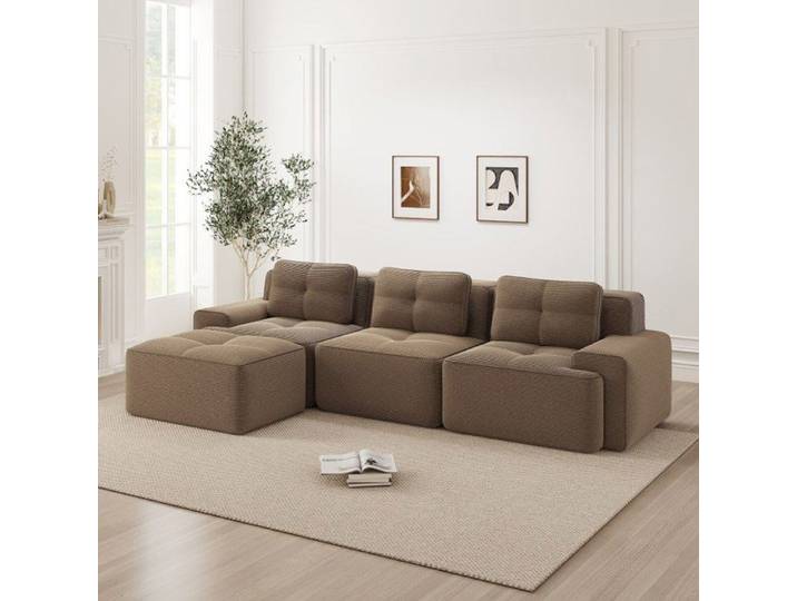 Canapé Modulaire Cloud sans Structure en L Sofa 3 Places avec Pouf en Velours Côté Marron Design Moderne sans Montage Salon