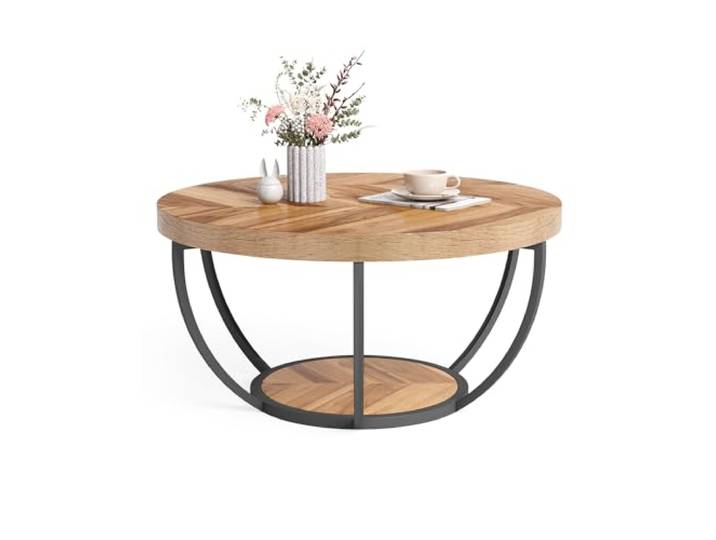 LITTLE TREE Runder Couchtisch, 81,3 cm, runder Couchtisch für Wohnzimmer, 2-stöckiger Holzakzent-Mitteltisch mit offenem Stauraum, Industrie-Design, Wohnmöbel (Holzmaserung und Schwarz)