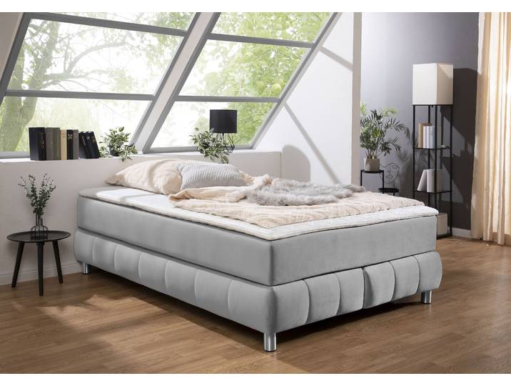 Boxspringbett, Samtoptik, Hellgrau, 146×206 cm, Ohne Kopfteil, Modern, andas