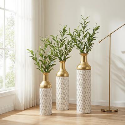 Diamond-embossed Geometric Textured Metal Tall Decorative Floor Vase,Set of 3