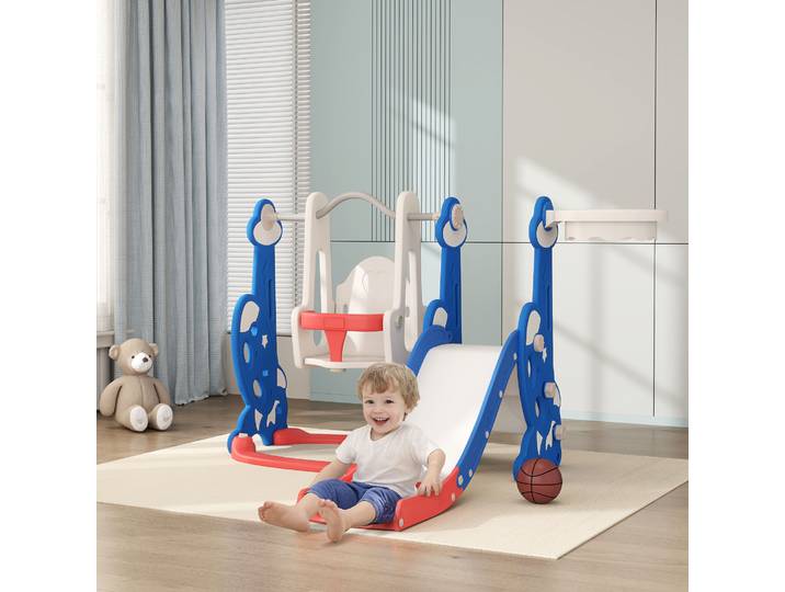 AIYAPLAY Toboggan Enfant 4en1 Balançoire Panier 18-48M Bleu