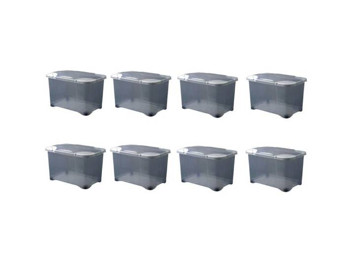Lot de 8 Boites de rangement 40L roulettes et couvercle charnières - Origine France - Gris Transparent