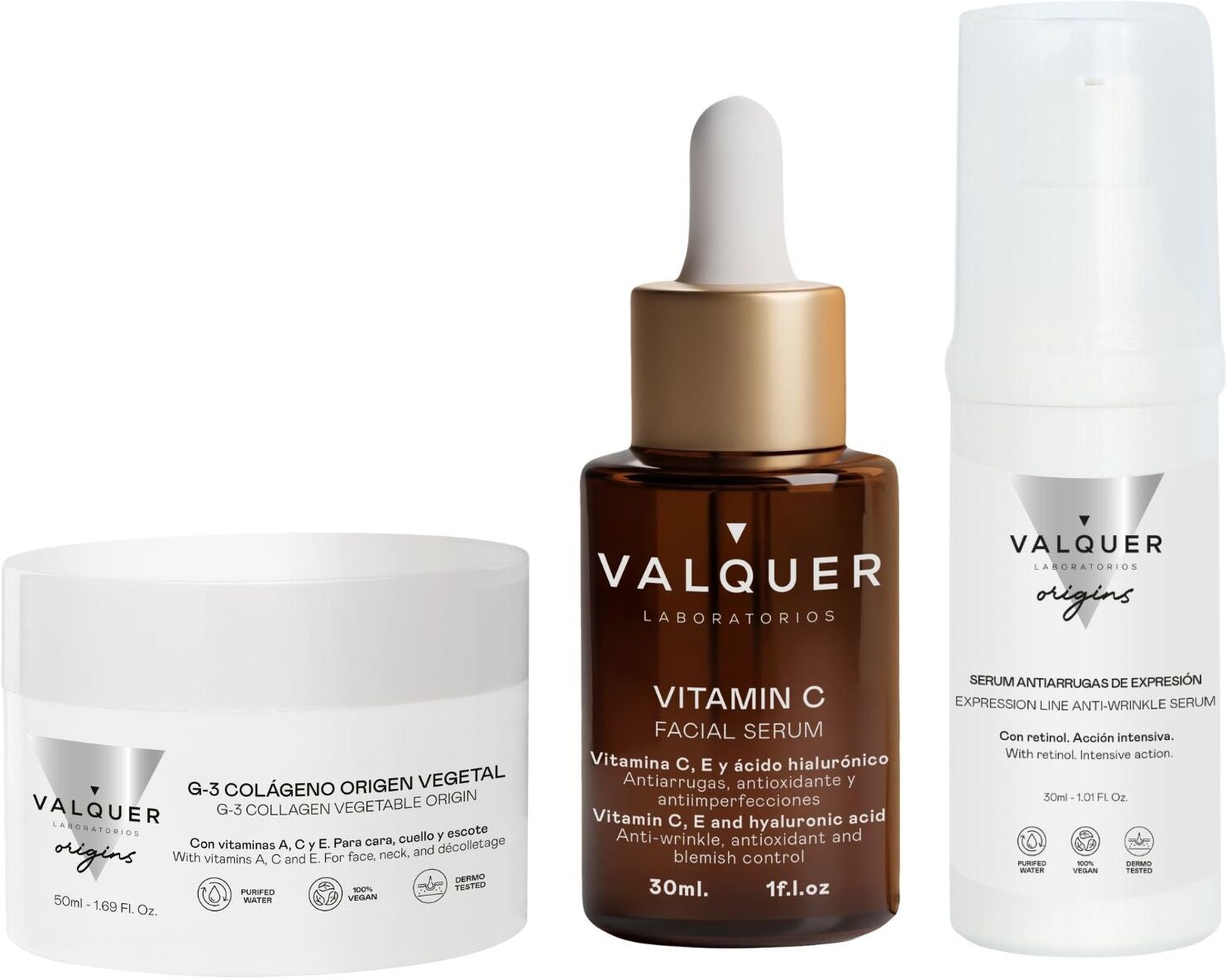 Valquer® Pack Antiedad Facial - Sérum Vitamina C + Sérum Antiarrugas Retinol + Crema de Colágeno