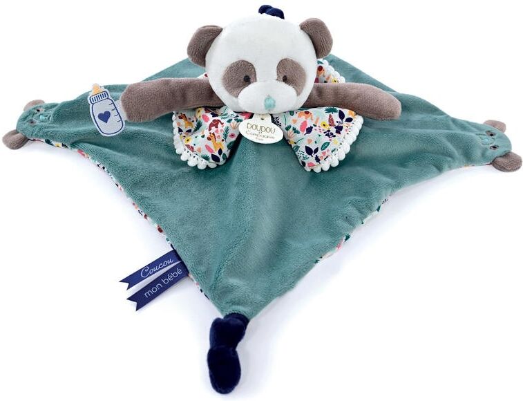 Doudou plat panda vert avec marionnette à doigt 30 cm - Doudou et Compagnie