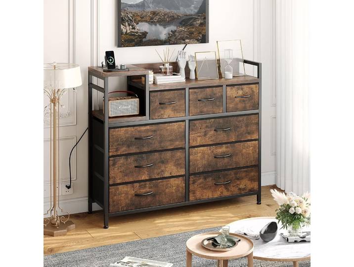 Commode à 9 tiroirs marron rustique, tour de rangement en tissu, unité de rangement, commode pour chambre à coucher, salon, couloir