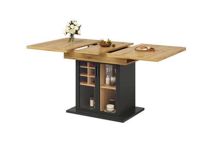 Modfu Esstisch 110-140x80x76 cm aus MDF mit Weinregal und Glastür ausziehbar, Naturfarben, 140x76x80 cm, Esszimmer, Esstische
