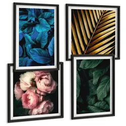 BILDER SET 4er Set - 50x50 cm & 40x60 cm Schwarzer Rahmen - Blätter und Blüten in verschiedenen Farben
