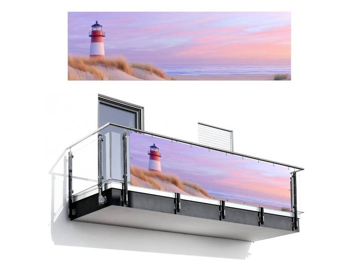 MuchoWow Balkon-Sichtschutz Leuchtturm - Dünen - Sonnenuntergang 300x90 cm, Hellrosa, Kunststoff, Rechteckig, 300x90 cm, Sonnenschutz, Sichtschutz