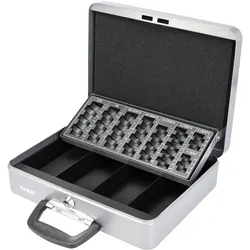 HMF 10016-09 Geldkassette abschließbar mit Münzzählbrett, Kasse mit Koffergriff, 30,5 x 24 x 8,5 cm, Silber
