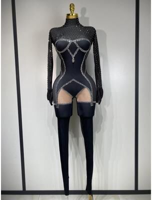 Fashion Sheath Sparkly Diamond Jumpsuit Sexy Mesh Stage Performance Costume black l