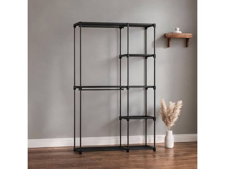 Armoire-penderie en tissu noir mat 111x43x185 cm – Structure acier 2 penderies et 6 étagères