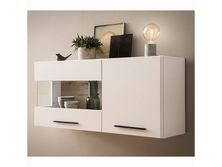 Lomadox Hängevitrine SUTTON-61 weiß Eiche spiegelverkehrt montierbar inkl. Beleuchtung 120 cm breit
