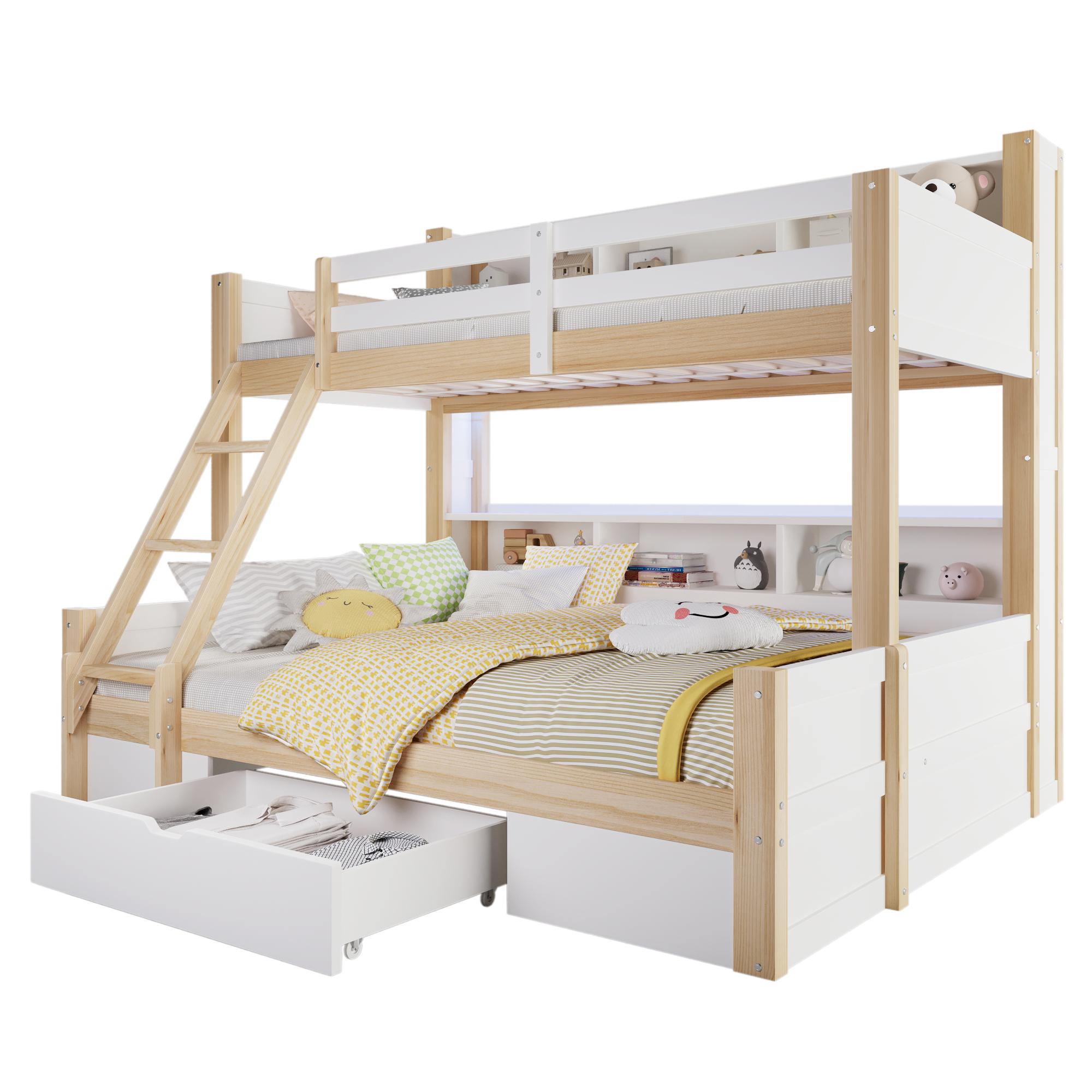 Etagenbett mit 2 Liegeflächen, LED-Beleuchtung, Schubladen, Regal, Rausfallschutz, Lattenrost, 90x200cm/140x200cm, Kinderbett