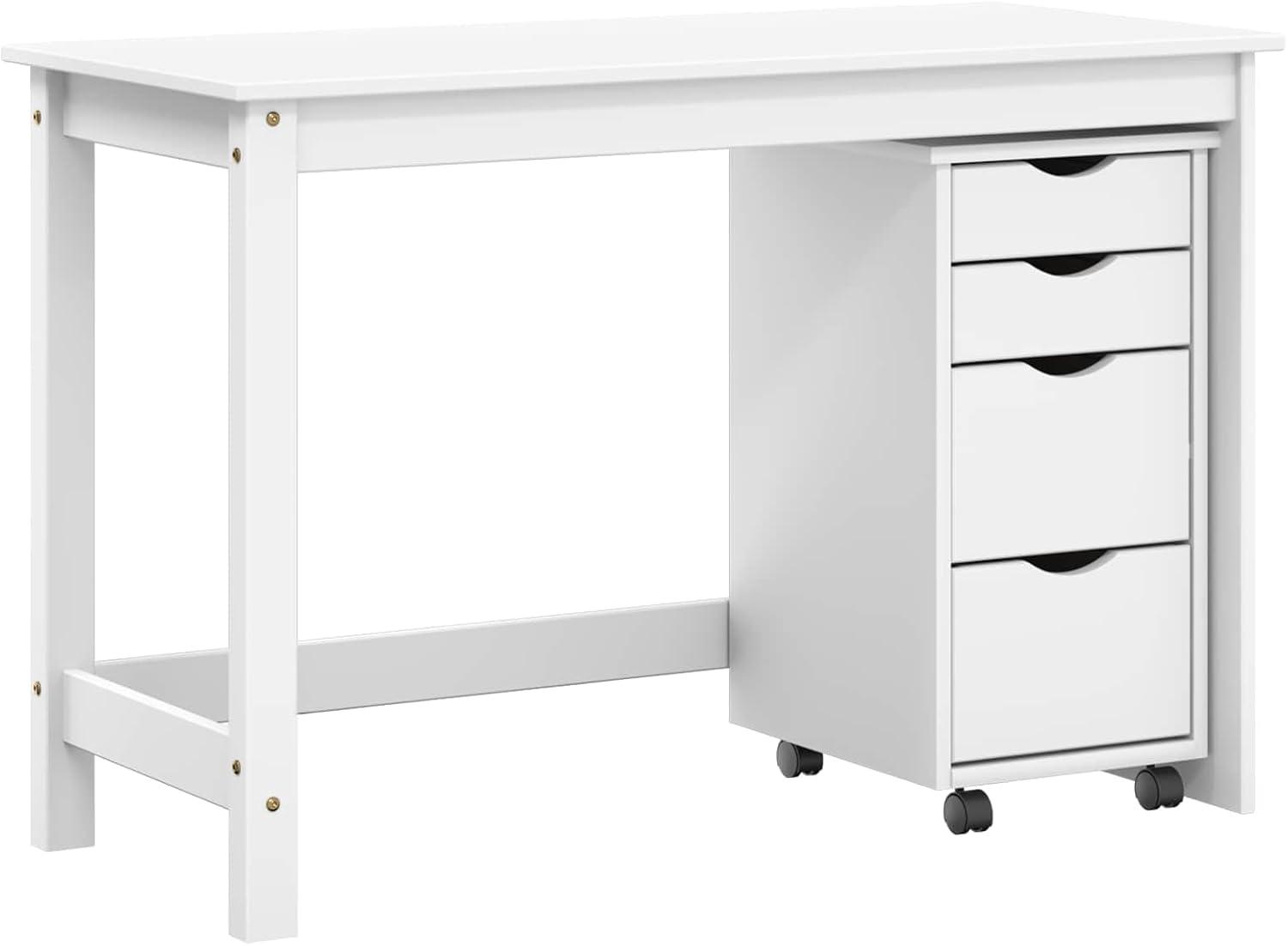 2-teiliges Schreibtisch- und Rollschrank-Set aus weißem Kiefernholz