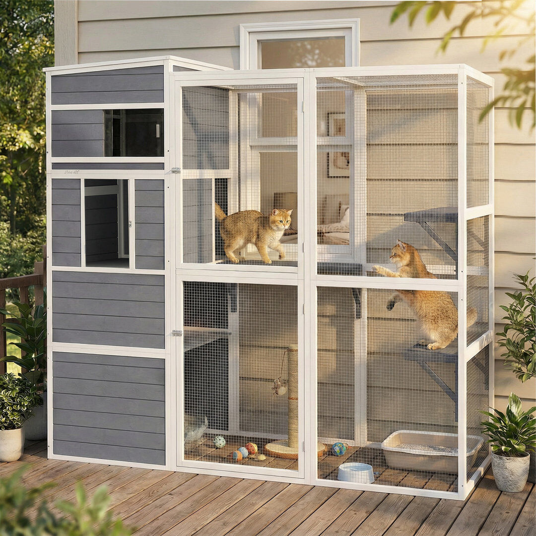 Archie & Oscar Wooden Catio with Spacious Resting Rooms 3 Platforms Window Grey Grey, White 178cm H X 83cm W X 191cm L