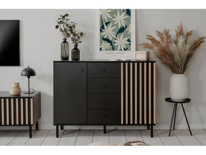 möbelando Sideboard >Monza< 2 Türen, 4 Schubladen, 2 Böden, 3D-Lamellen-Optik, schwarz/Dekor Artisan Eiche - 118x90x40cm (BxHxT)