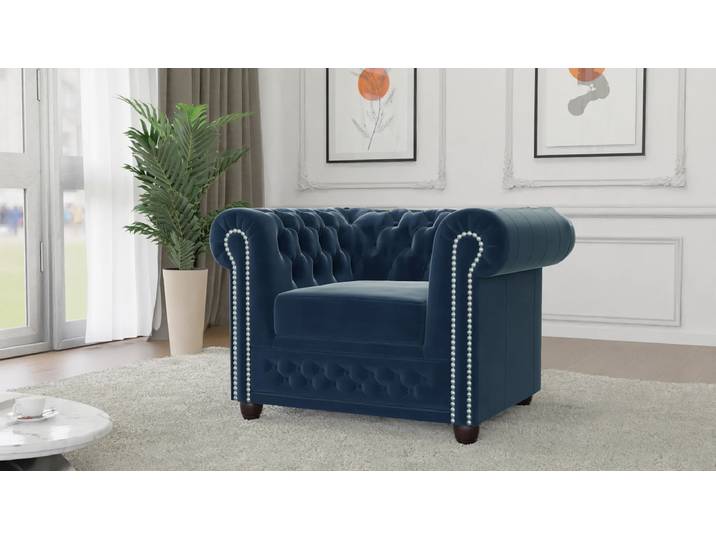 S-Style Möbel Cleo - Chesterfield Sessel aus Samt-Stoff mit Holzfüßen - Marineblau