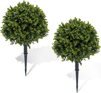 YUN "23.62"" Artificial Cedar Topiary Ball Tree with Ground Spike, UV Resistant Faux Evergreen Plant - Green"