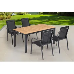OUTFLEXX Garten-Essgruppe, OUTFLEXX® anthrazit matt, Alu / Teak / Textil, Tisch 150/210x90cm, 4 Sessel, stapelbar