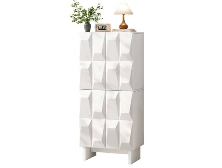 Couchtisch mit Stauraum und 3D-Fronten (White + Particle Board-1) 3D-Strukturfronten, drei Türen und großzügige Ablagefläche für ein aufgeräumtes Wohnzimmer