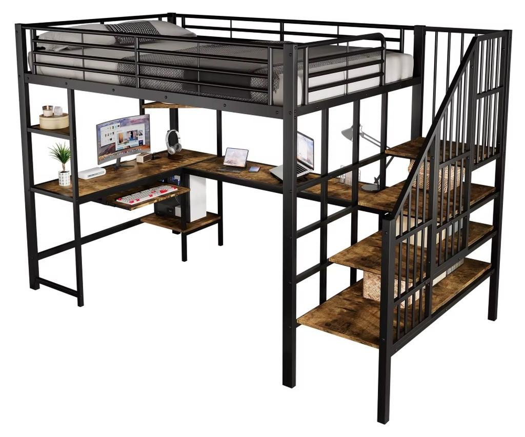 Etagenbett - Kombinierter Bettrahmen - 120 x 200 cm - Metall und Holz - Ladeanschluss - Treppe - Integrierter Schreibtisch - Farbe wie abgebildet