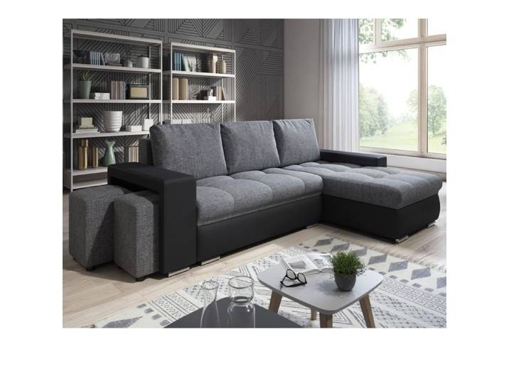 Canapé Angle Convertible Simon Noir / Gris + 2 Poufs