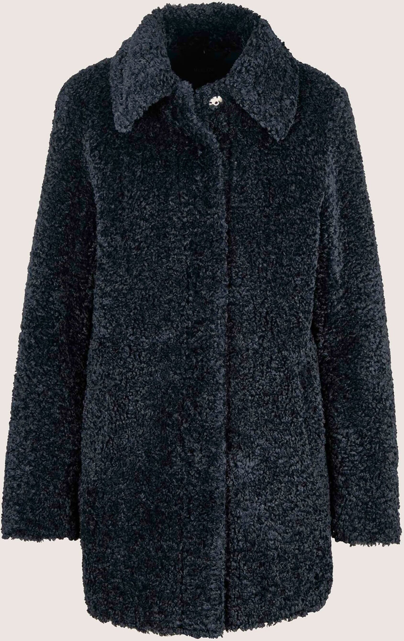 Langmantel MADELEINE "Mantel Kurzer Teddymantel mit Druckknöpfen", Damen, Gr. 44, dunkelblau, Modern, regular fit, V-Ausschnitt, Mäntel Langmantel