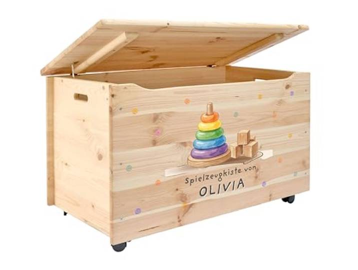 Pinus Spielzeugkiste personalisierbar 90x48x51 cm mit Deckel Rollen Kiefernholz, Wunschname personalisiert, große Aufbewahrung, für Spielzeug Decken Erinnerungen, Kinderzimmer Geschenk Geburt