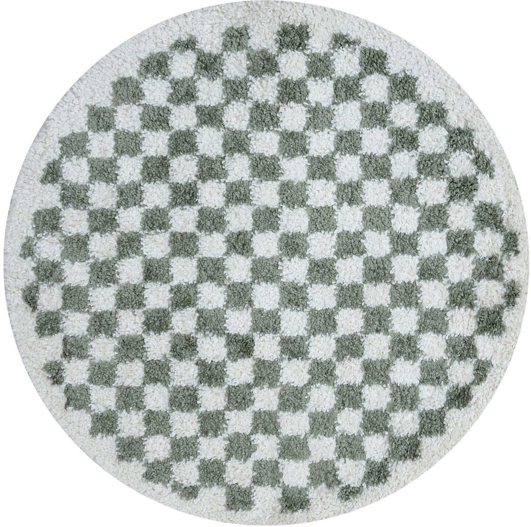THE RUGS Moodi Modern Shaggy Area Rug Checkered Design Off-White/Green Round 120 cm