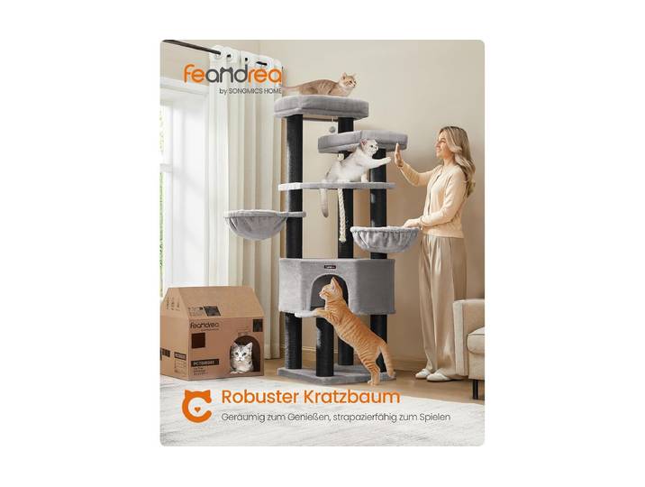Kratzbaum FEANDREA Large Multi-Tier Cat Tree 55 x 55 x 195 cm , grau, B:55cm H:195cm T:55cm, Plüsch, Sisal, Kratzbäume, Kratzbaum