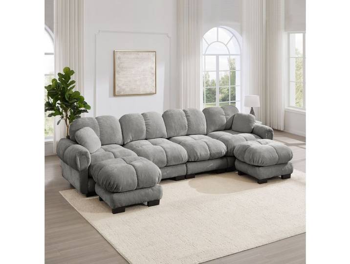 Canape Modulaire 4 Places En Chenille Gris Clair Canape D Angle En U FloraGrace Pour Salon 2 Ottomanes Mobiles 122x59x49cm