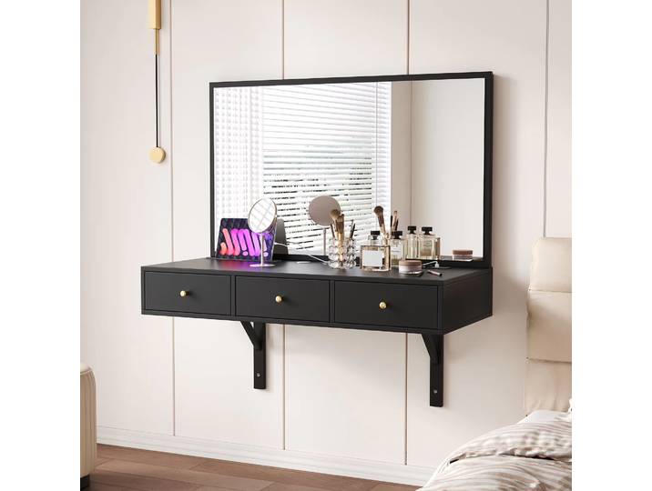 Coiffeuse miroir suspendu 3 prises de tiroir tablette fente pour carte porte-gobelet