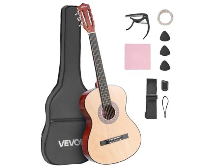 VEVOR Guitare Classique Débutants\, 96 cm\, avec Cordes Nylon\, Housse de Transport\, Sangle\, Accordeur\, Cordes Supplémentaires\, Médiators\, Capodastre\, en Tilleul\, pour Jeunes Enfants Musiciens\, Naturel