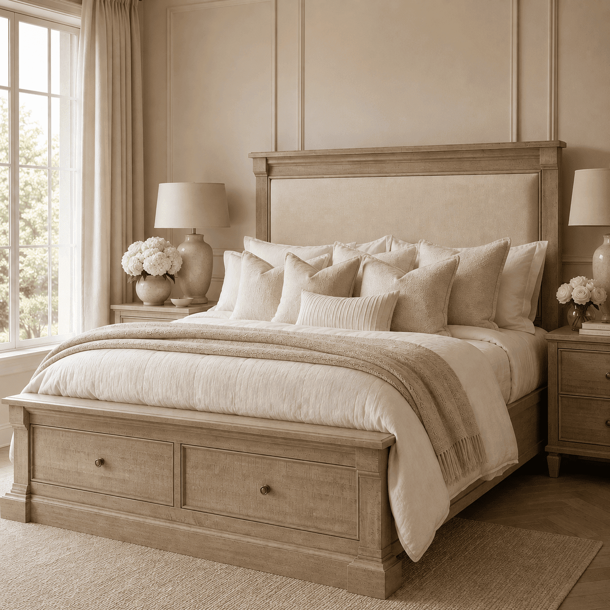 Lilliana Luxury Cream Linen & Wood Bed with Drawer Storage, King